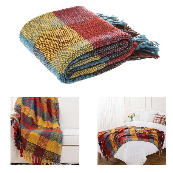 Spiced Cha Chunky Yarn Multicolor Plaid Throw Blanket - Picture 10 of 11